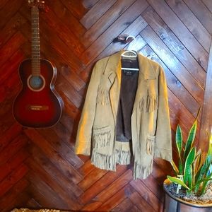 Vintage boho tan suede fringe jacket, with removable fuzzy liner 70s Large